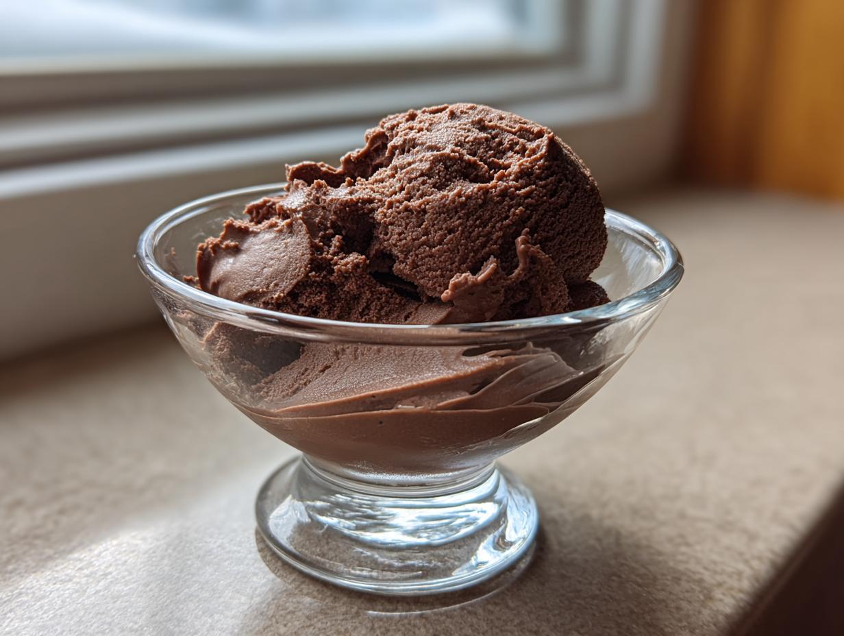 A scoop of rich, airy chocolate mousse served in a clear glass dish near a window.
