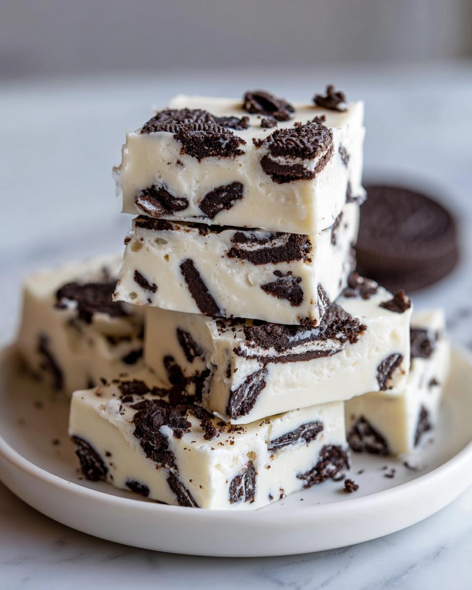A stack of creamy white Oreo fudge squares loaded with crushed chocolate sandwich cookies.