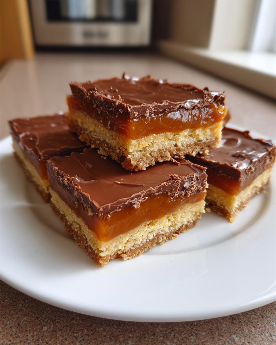 Four stacked squares of homemade Twix bars featuring a shortbread base, thick caramel, and chocolate topping.