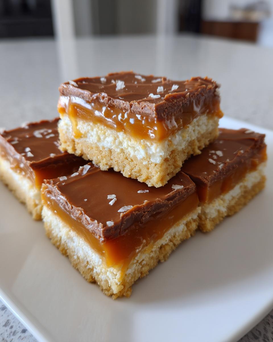 Four stacked squares of homemade Twix bars showing a shortbread base, white nougat layer, caramel, and chocolate topping with sea salt.