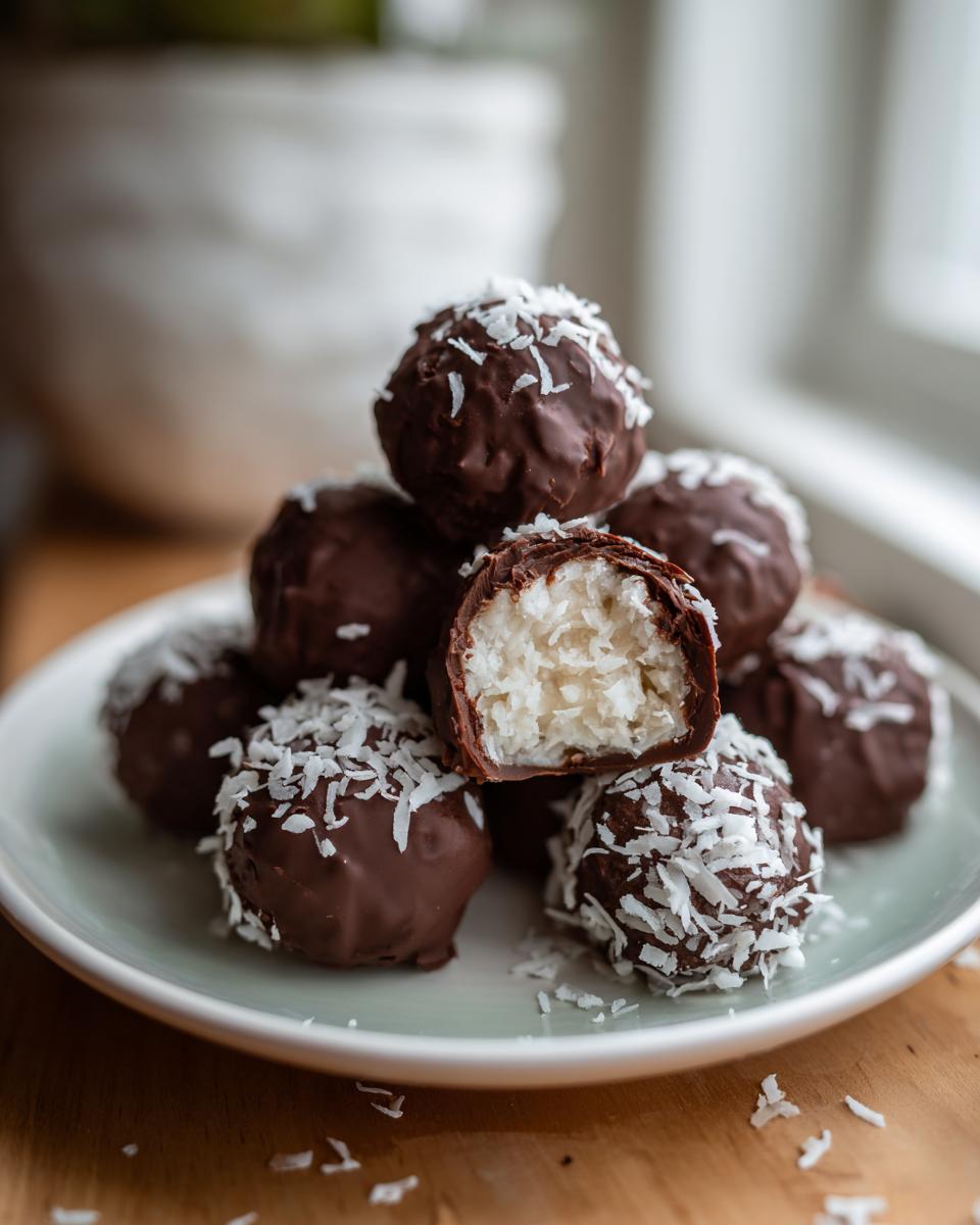 A stack of homemade almond joy truffles coated in dark chocolate and sprinkled with shredded coconut, one is cut open.