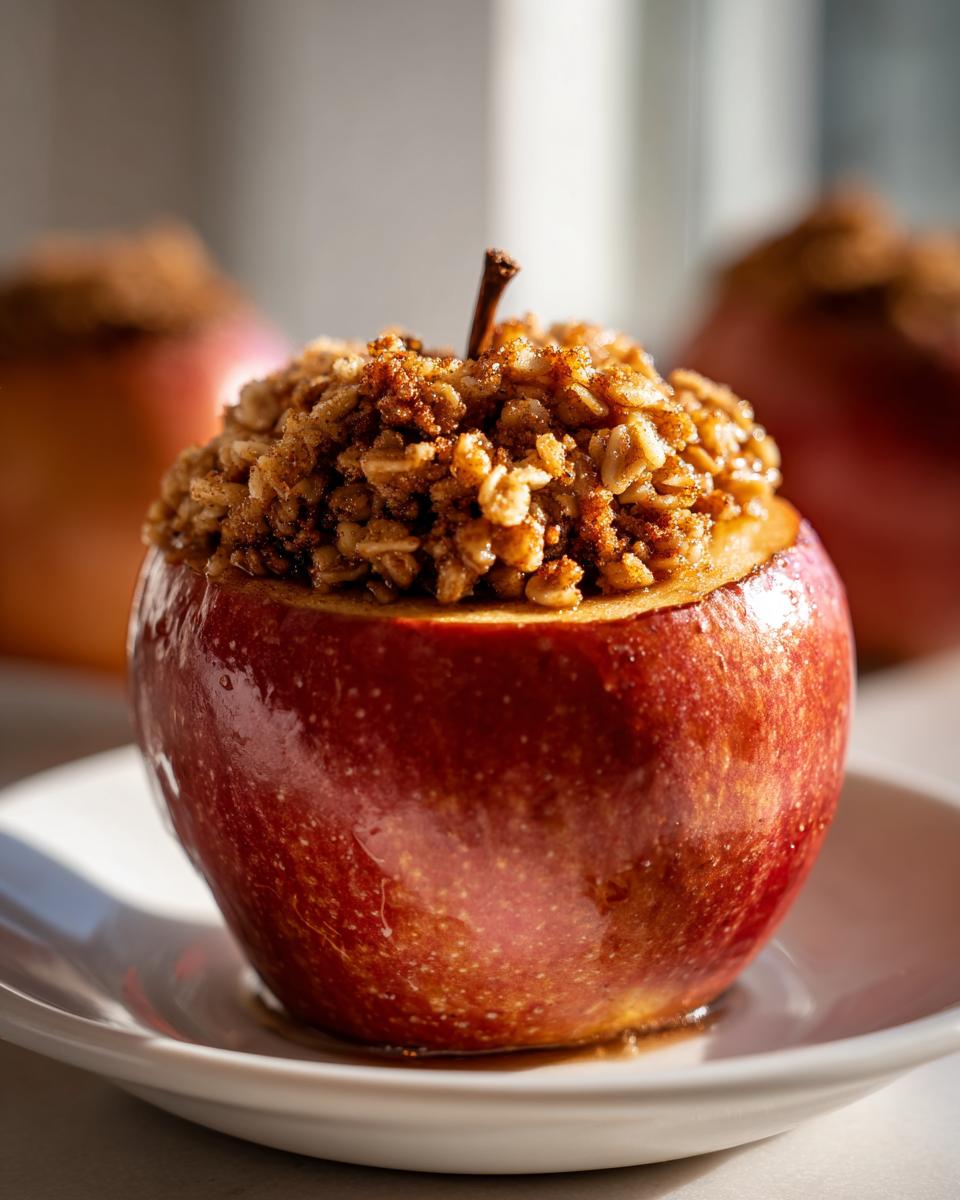 A close-up of a glossy, red baked apples dessert topped generously with a cinnamon oat crumble filling.