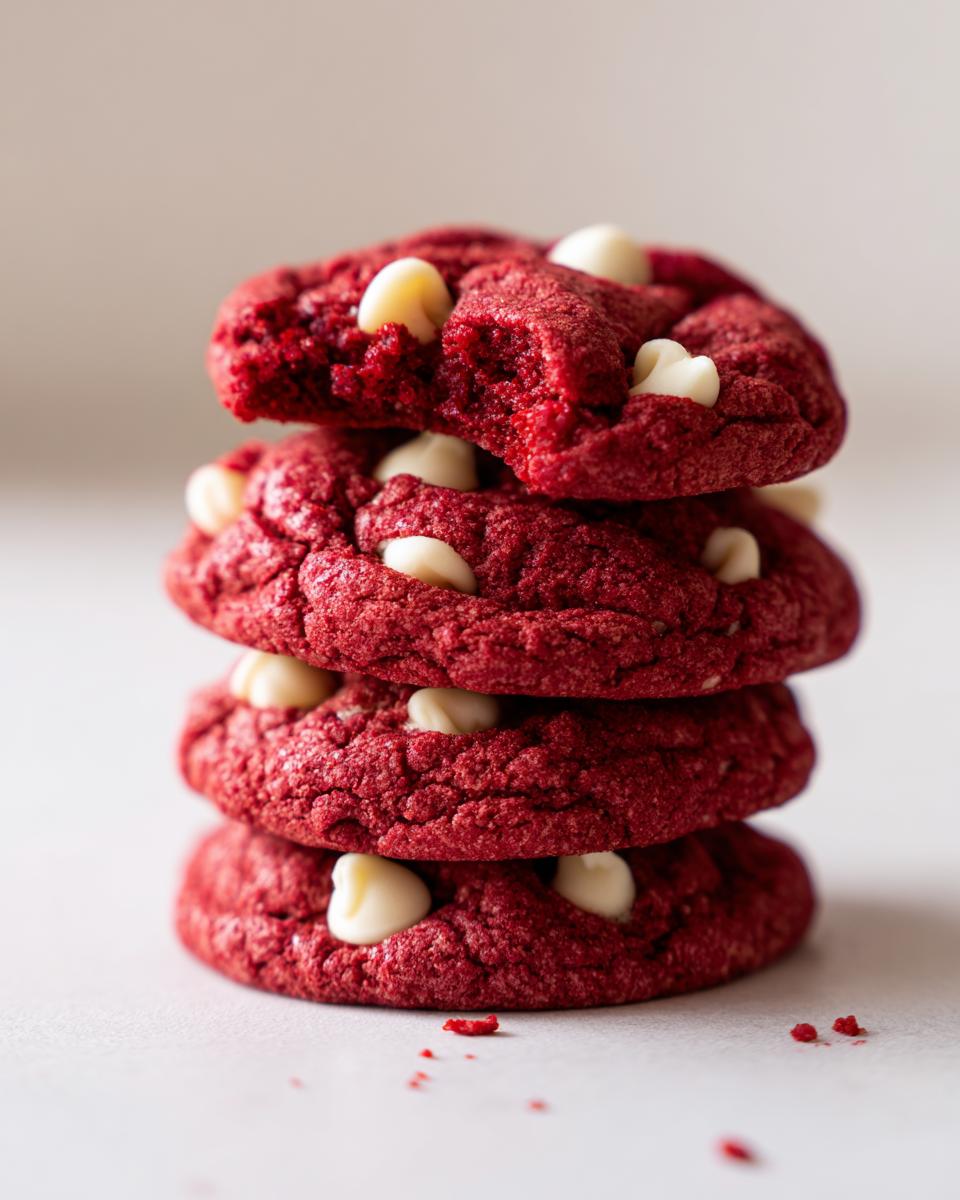 A vertical stack of four vibrant red velvet cake mix cookies studded with white chocolate chips.