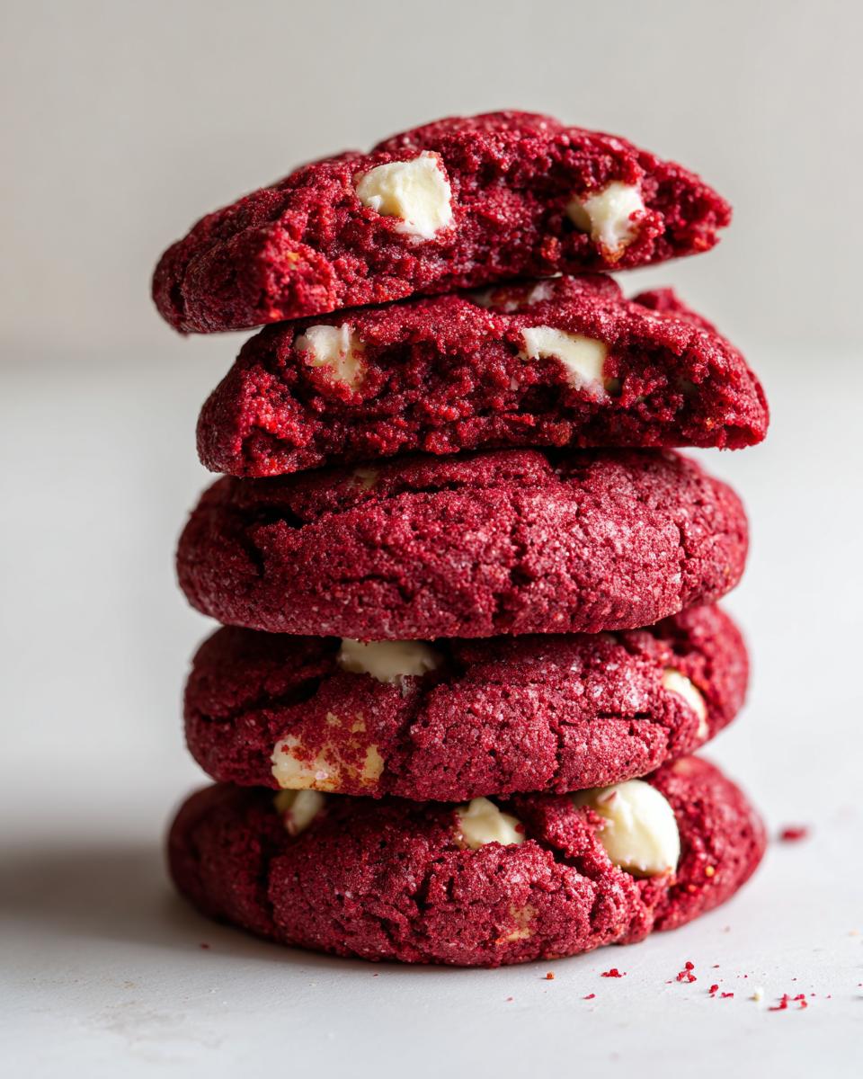 A stack of four vibrant red velvet cake mix cookies with visible white chocolate chips.