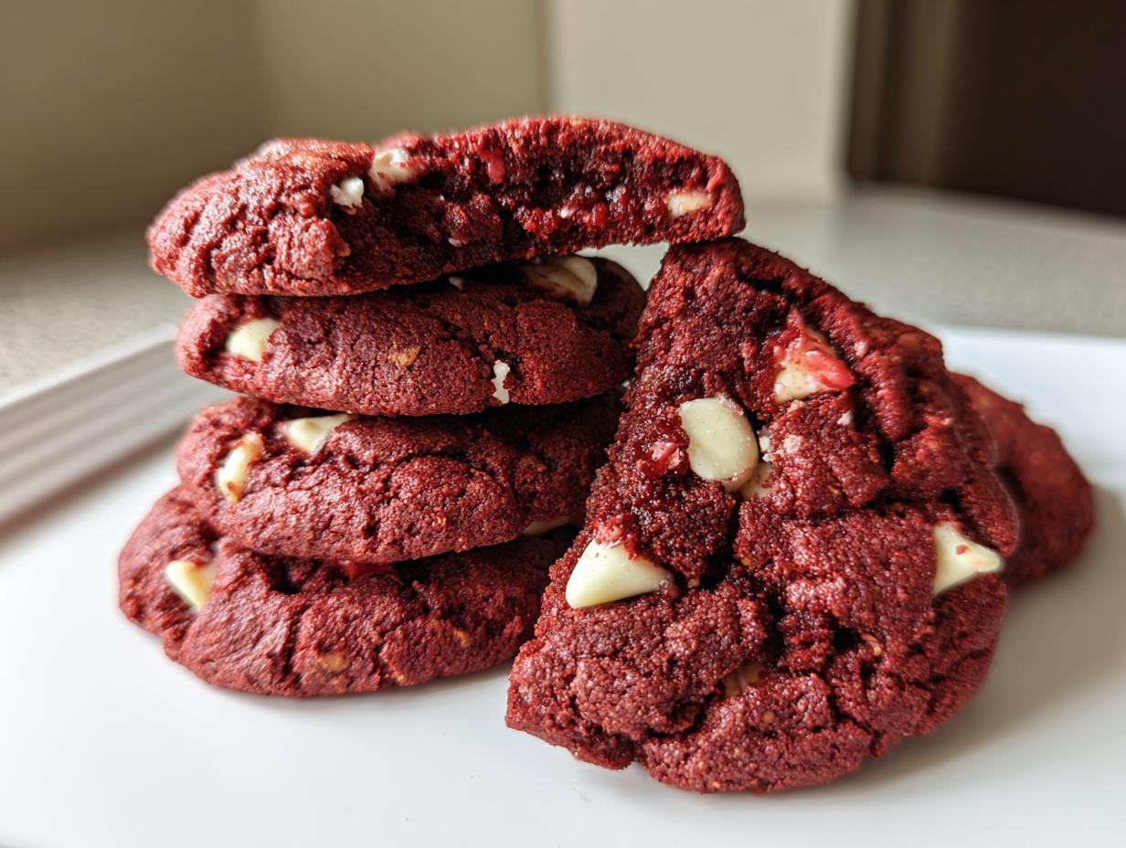 A stack of rich, deep red velvet cake mix cookies studded with white chocolate chips, one cookie broken in half on top.