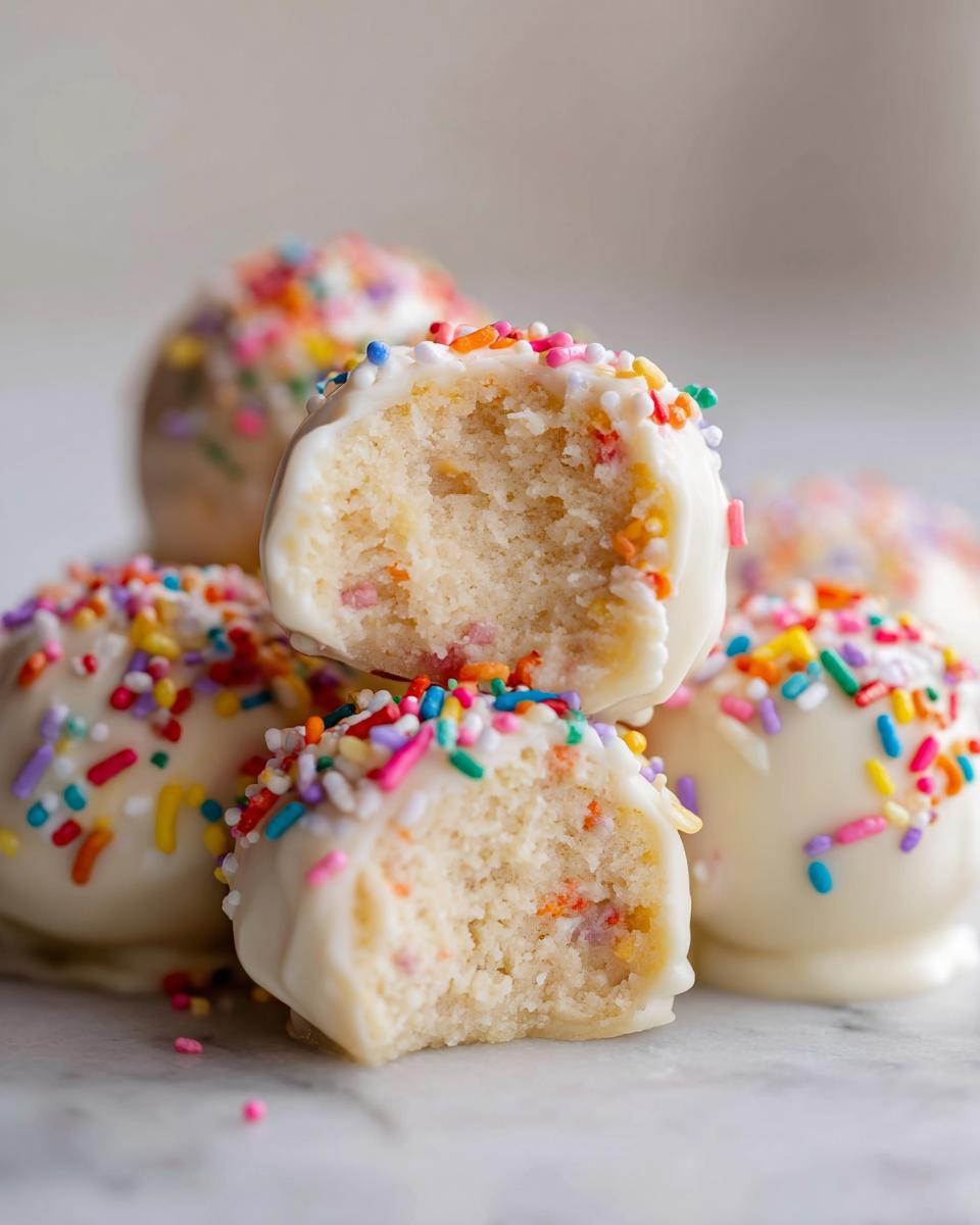 A stack of white chocolate-dipped sugar cookie truffles covered in rainbow sprinkles, one is bitten in half.