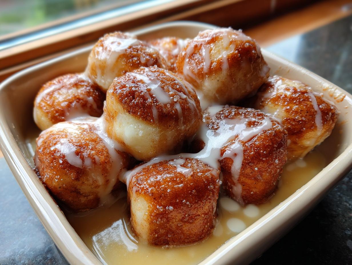 Close-up of warm, gooey cinnamon roll bites covered in white icing glaze in a baking dish.