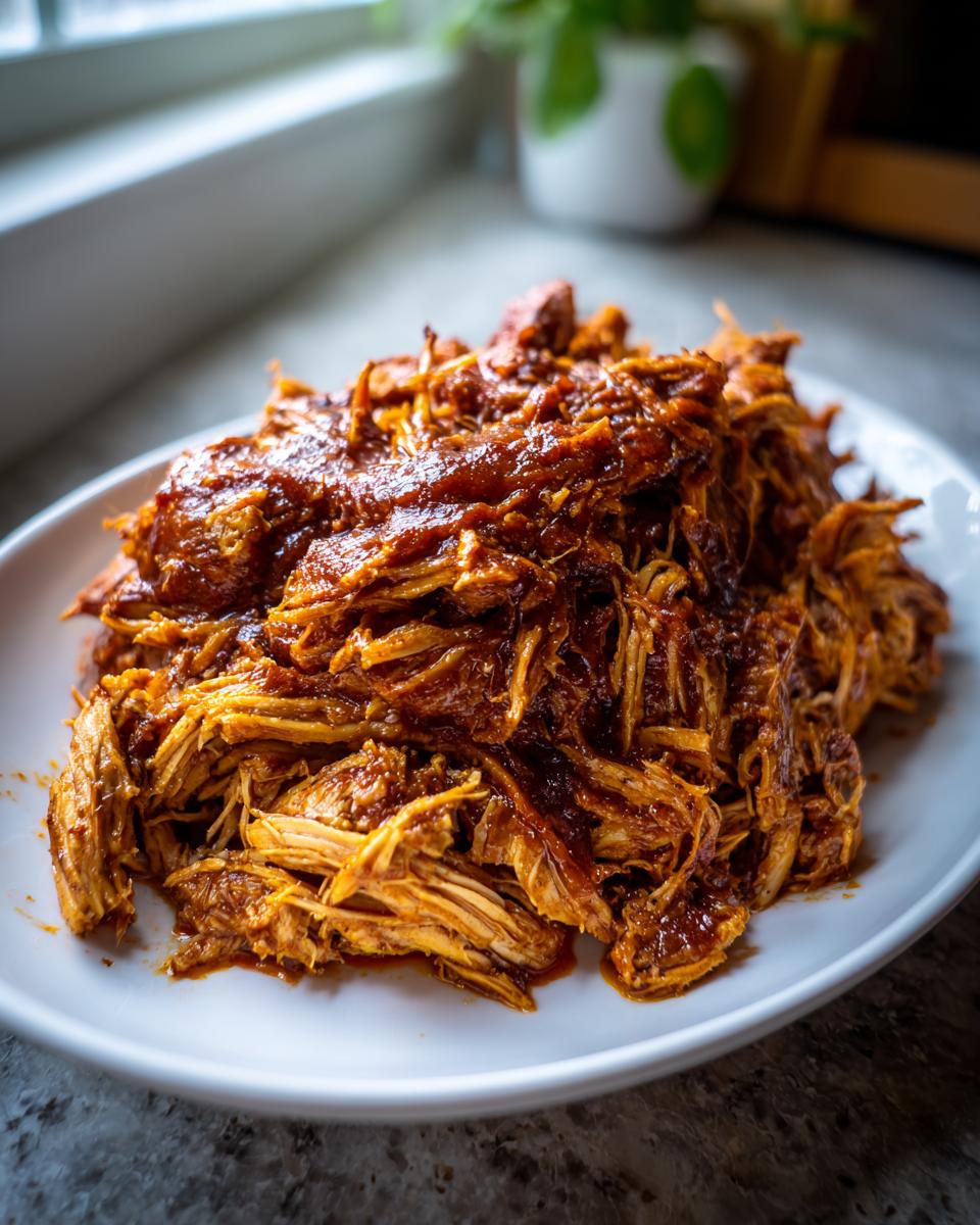 A close-up of shredded, saucy pulled chicken piled high on a white oval plate.