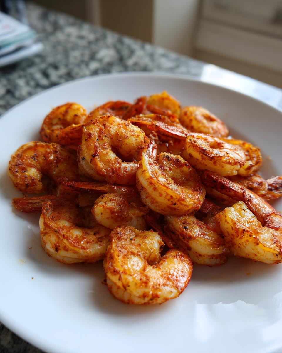 A white plate piled high with seasoned, cooked air fryer frozen shrimp, ready to eat.