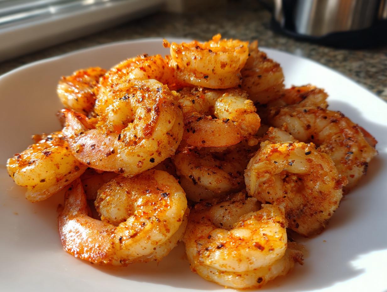 Close-up of seasoned, cooked air fryer frozen shrimp piled on a white plate, showing a nice orange color.