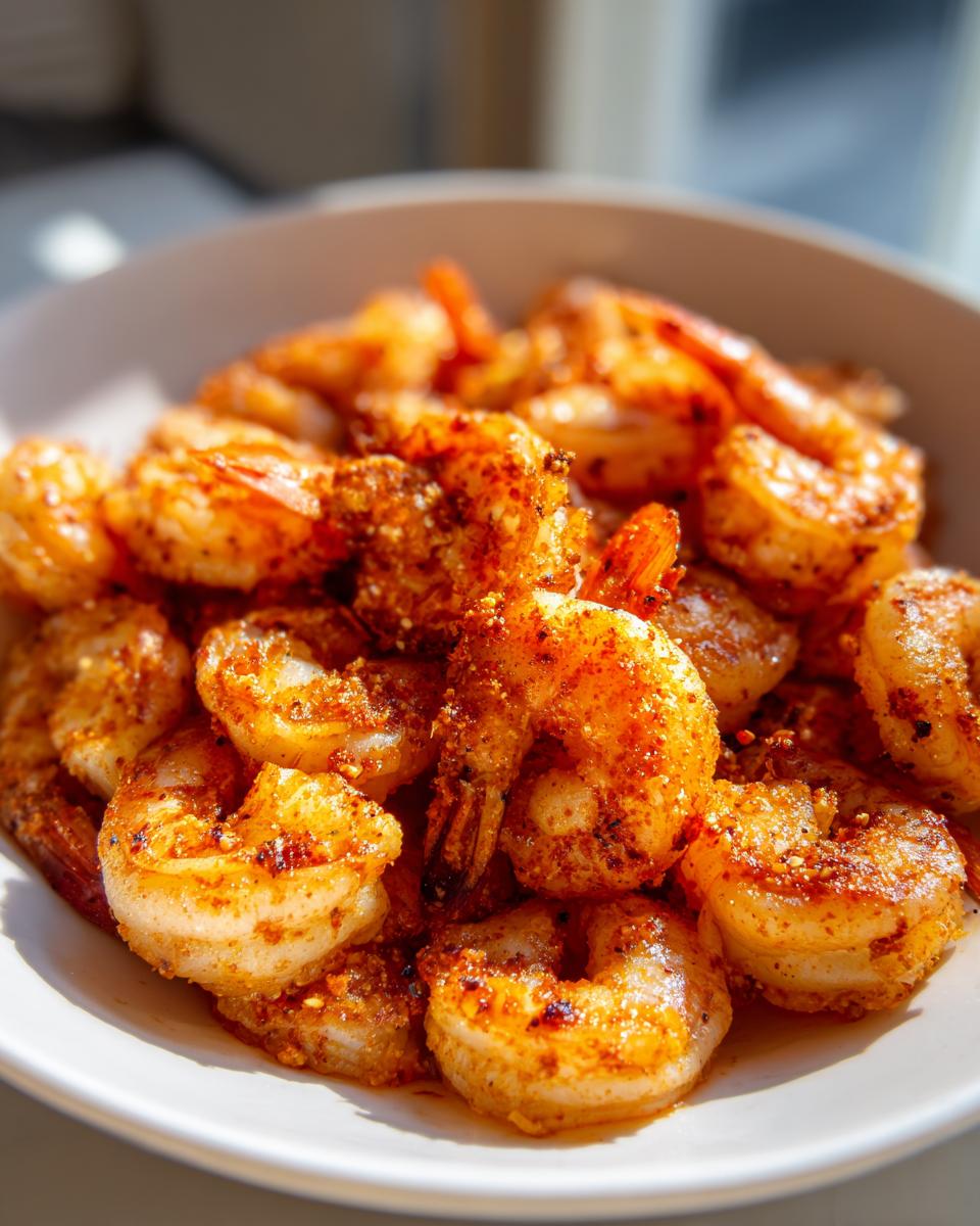Close-up of a white bowl filled with perfectly cooked, seasoned air fryer frozen shrimp.