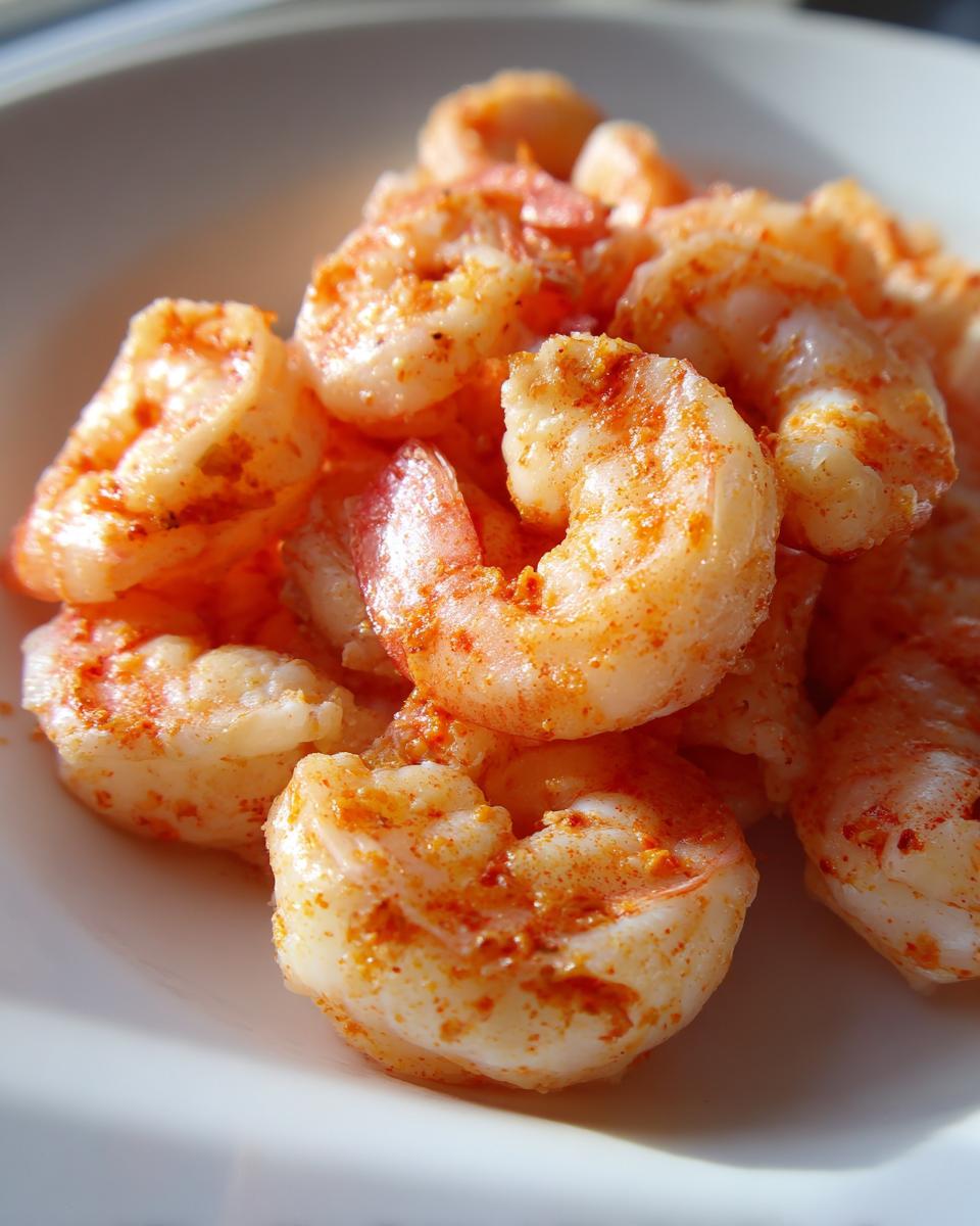 Close-up of perfectly cooked, seasoned air fryer frozen shrimp piled on a white plate.
