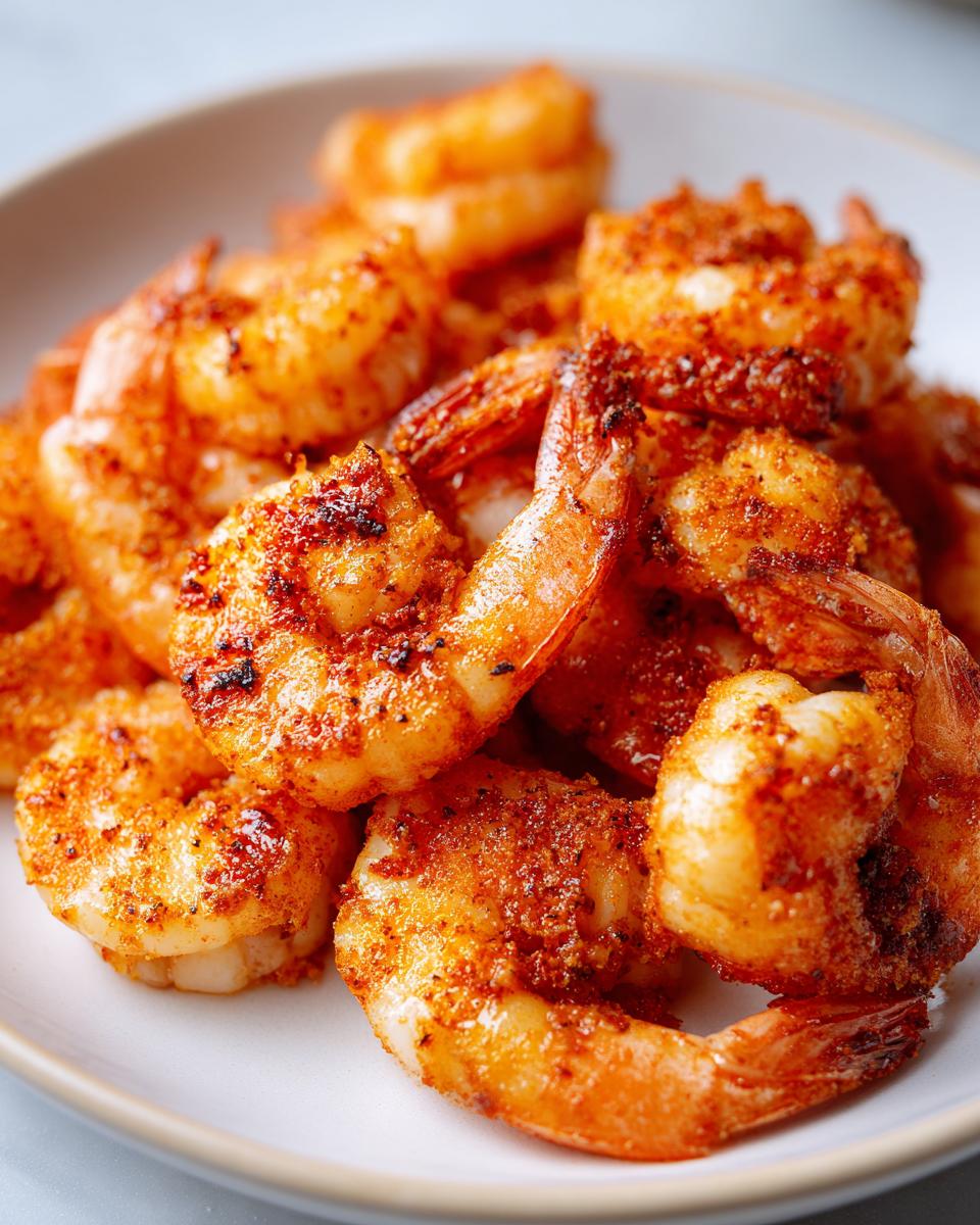 Close-up of seasoned and cooked air fryer frozen shrimp piled on a white plate.