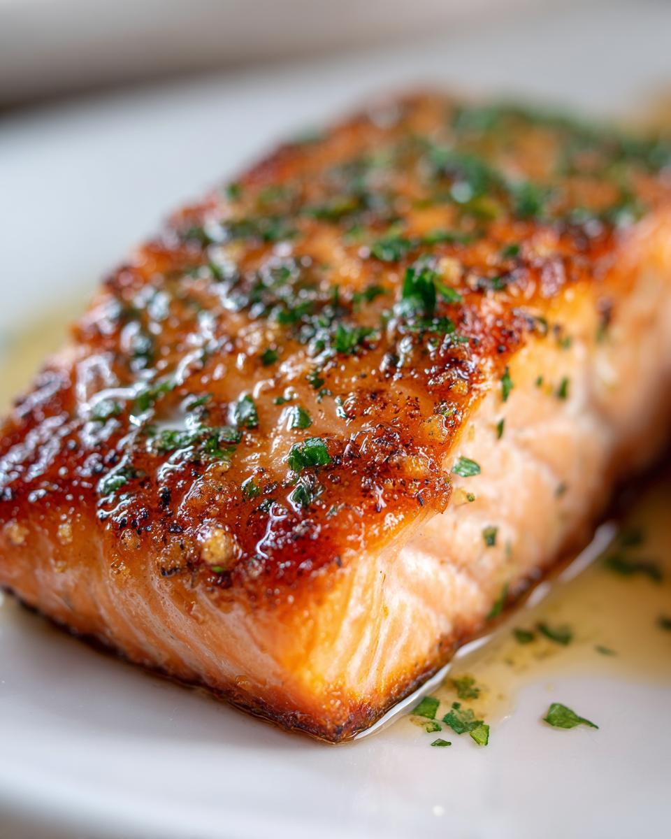 Close-up of a perfectly cooked, golden-brown air fryer salmon fillet topped with fresh green herbs.