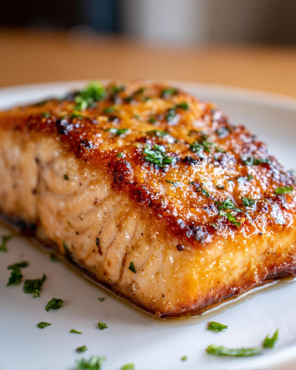 Close-up of a beautifully glazed and caramelized air fryer salmon fillet garnished with fresh parsley.