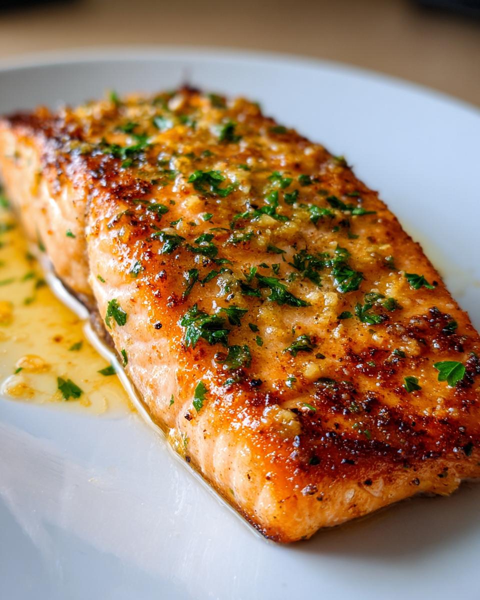 Close-up of a perfectly cooked piece of air fryer salmon topped with garlic and fresh parsley.