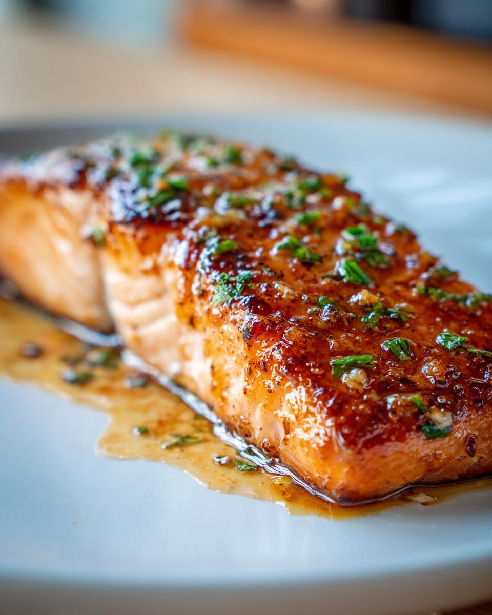 Close-up of a perfectly cooked air fryer salmon fillet with a shiny, caramelized glaze and chopped green herbs.