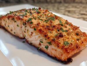 Close-up of a golden-brown, flaky air fryer salmon fillet seasoned with garlic and parsley.