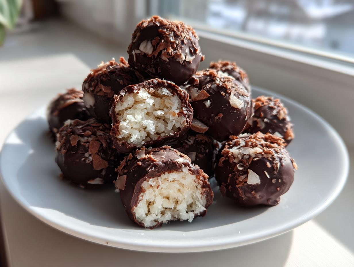 A stack of homemade almond joy truffles coated in dark chocolate and topped with toasted coconut flakes.
