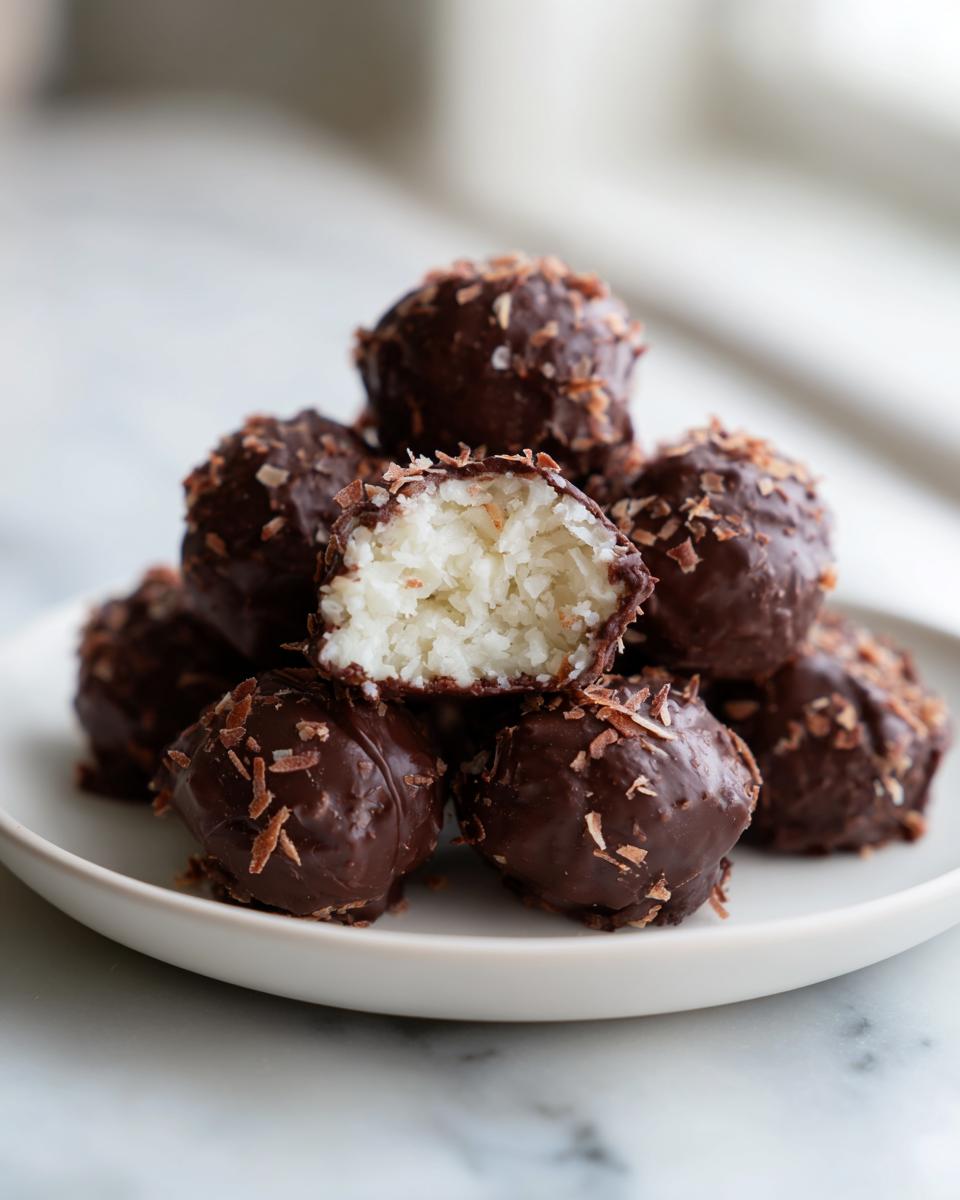 A stack of homemade almond joy truffles coated in dark chocolate and toasted coconut flakes.