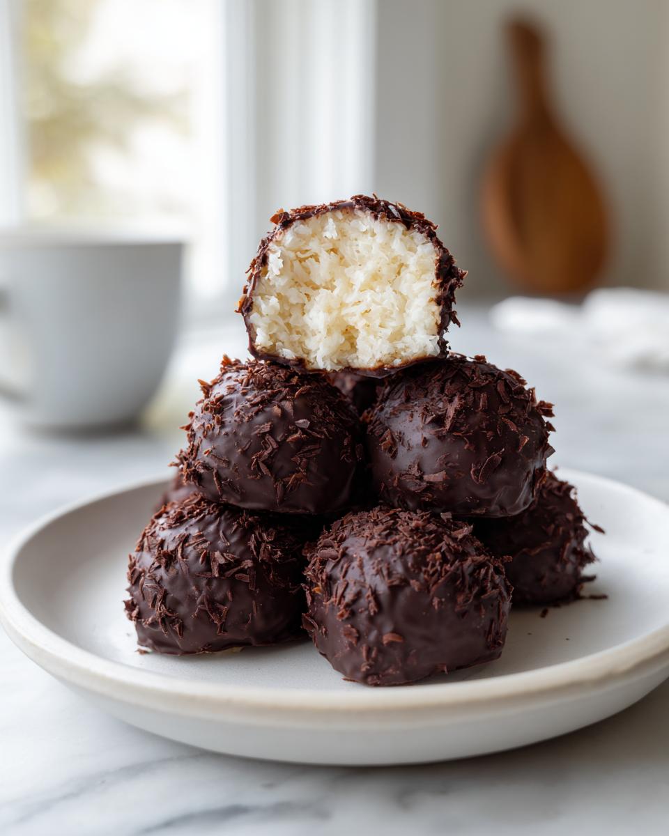 A stack of homemade almond joy truffles coated in dark chocolate and sprinkles, with the top one cut open showing the white coconut filling.