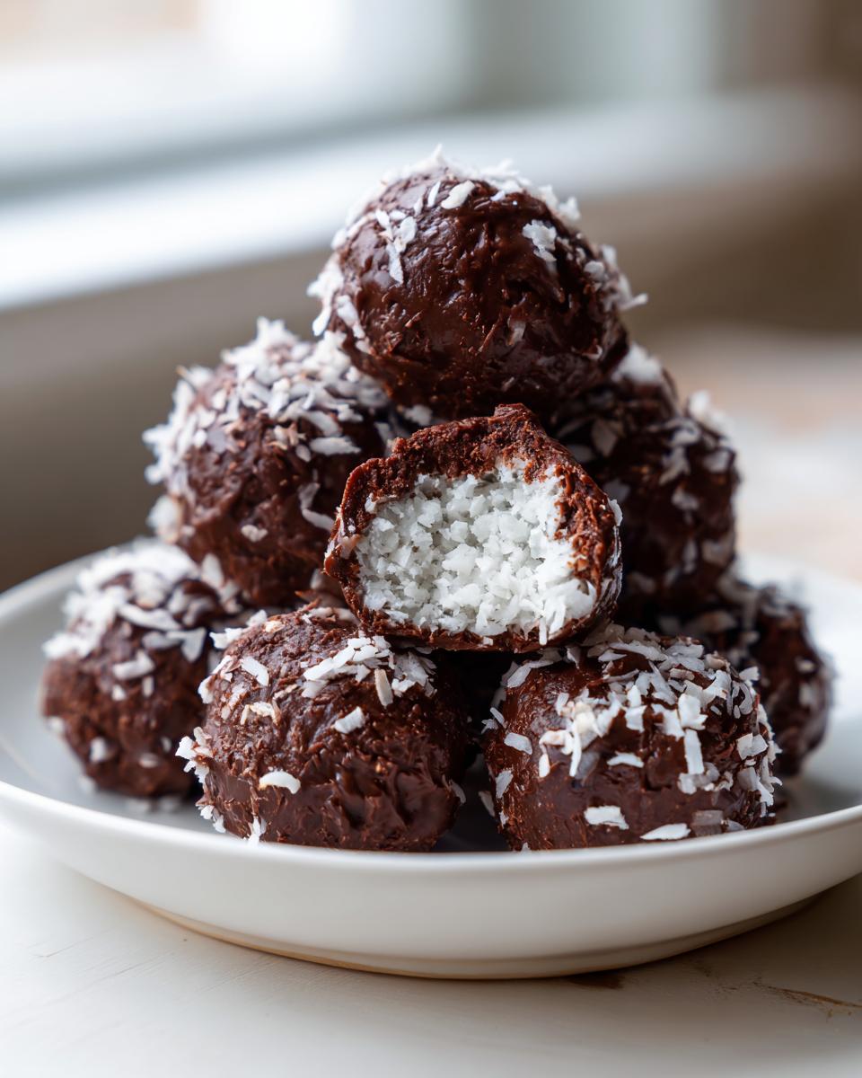 A stack of rich chocolate almond joy truffles coated in shredded coconut, with one cut open showing the white coconut filling.