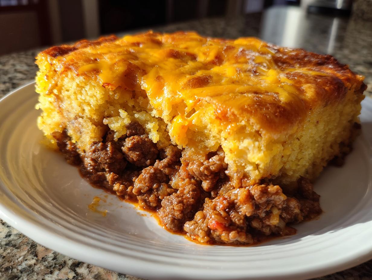 A close-up of a hearty slice of tamale pie showing a thick layer of seasoned ground beef filling topped with golden cornbread and melted cheddar cheese.