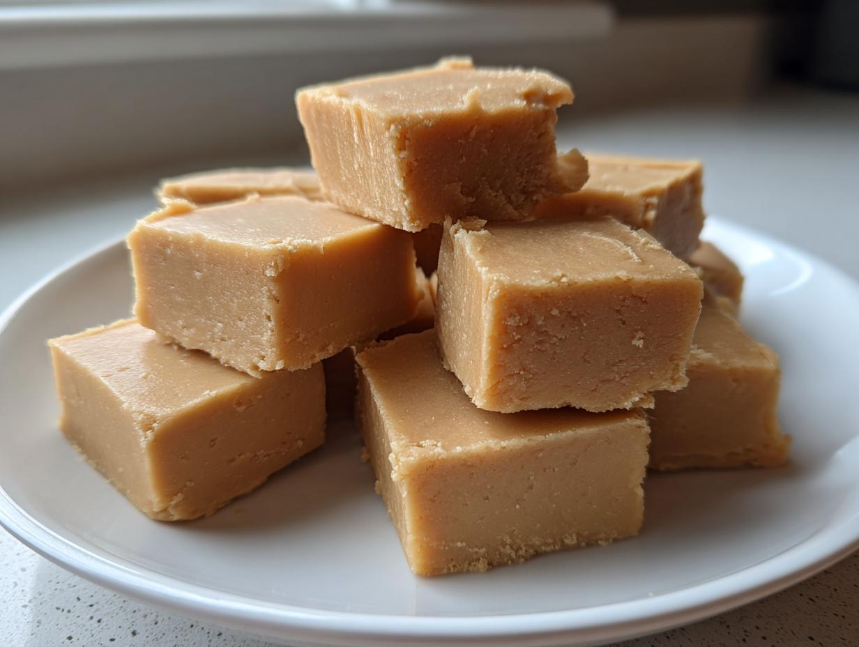A stack of creamy, light brown peanut butter fudge squares piled high on a white plate.