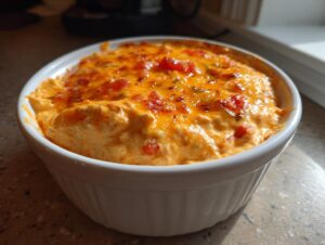 A close-up of a creamy, cheesy rotel dip topped with melted cheese and diced tomatoes, served warm in a white ramekin.