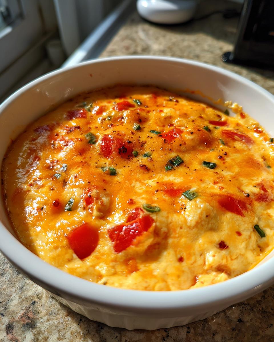 Close-up of hot, bubbly, cheesy rotel dip topped with diced tomatoes and green onions in a white serving dish.