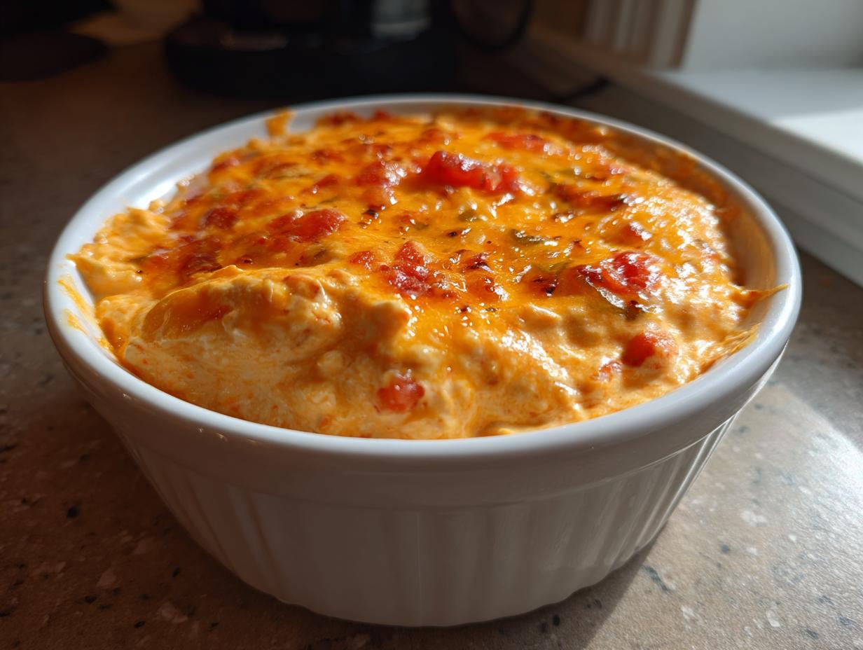 A close-up of a creamy, cheesy rotel dip topped with melted cheese and diced tomatoes, served warm in a white ramekin.