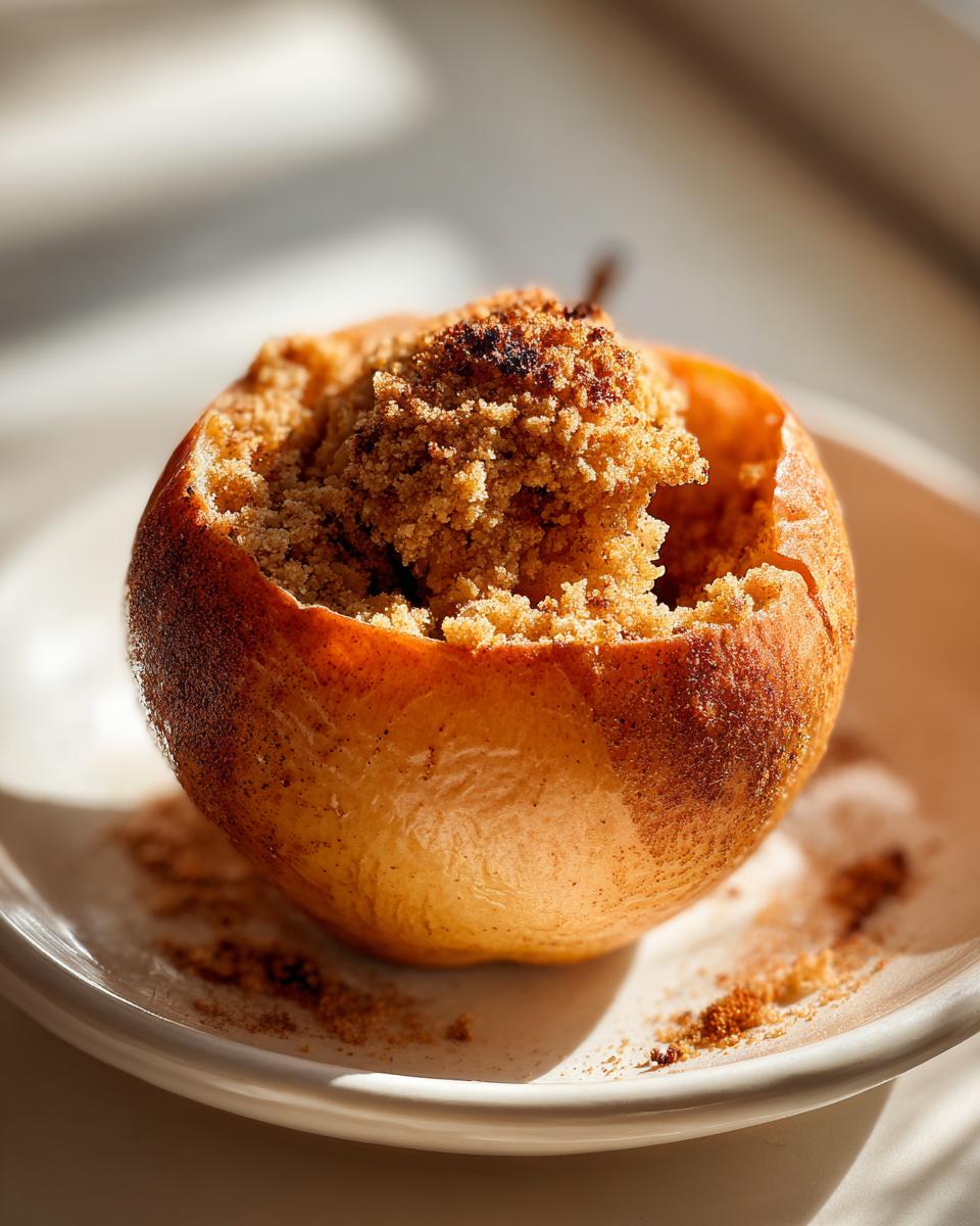 A single baked apple, cored and filled with brown sugar crumble, sitting on a white plate.