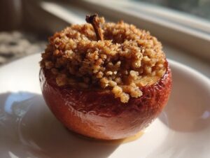 A single, glistening baked apples with a crumbly cinnamon topping served on a white plate.