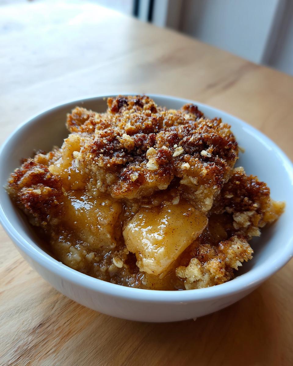 Close-up of a warm serving of amazing apple crumble with gooey filling and crispy topping in a white bowl.