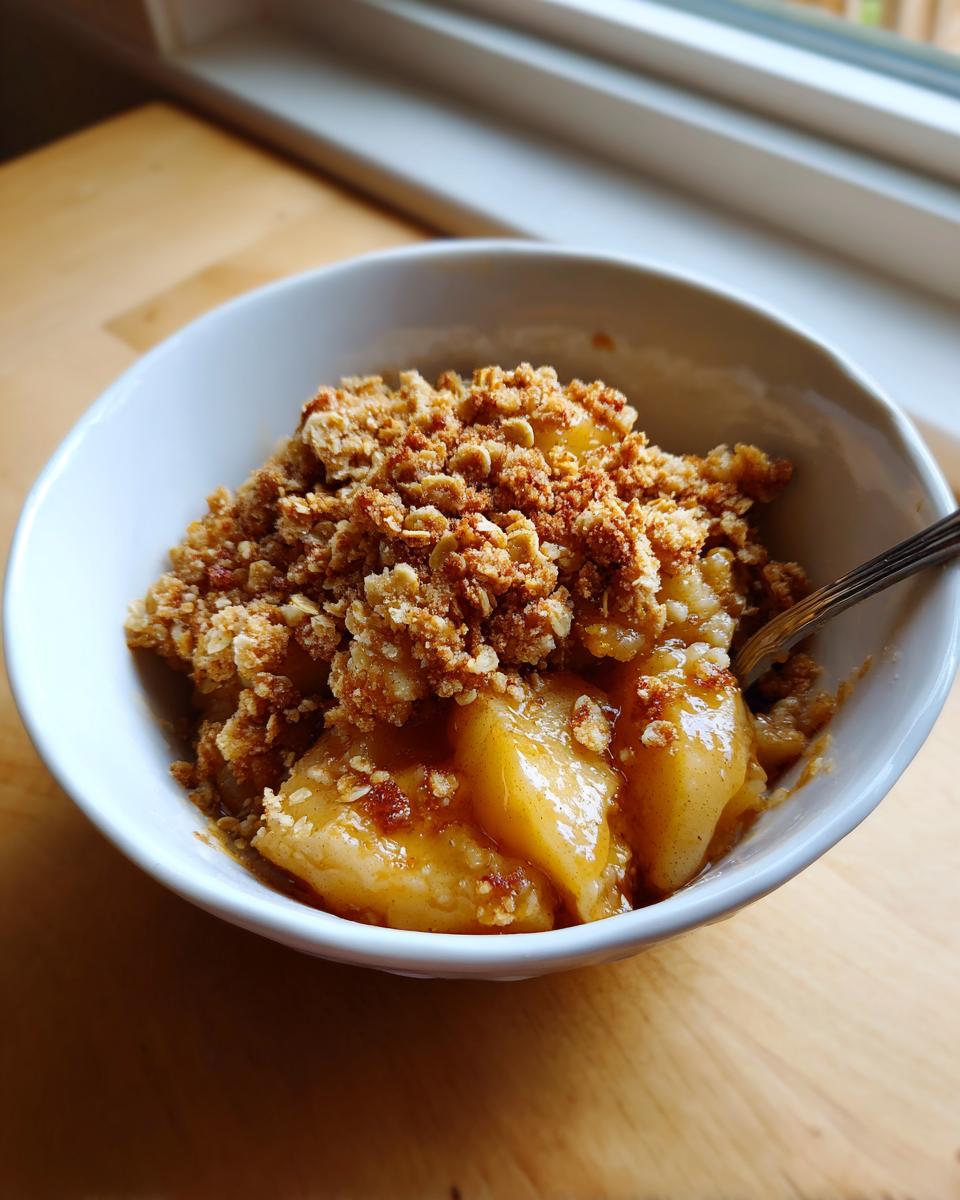 Close-up of a white bowl filled with warm apple crumble, showing soft cooked apples and crunchy topping.