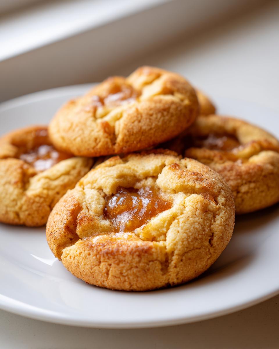 A stack of golden brown apple pie cookies with a visible dollop of warm apple filling in the center.