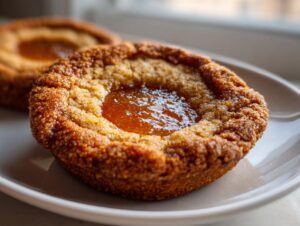 Close-up of a baked apple pie cookie with a glistening, amber fruit filling in the center, sitting on a white plate.