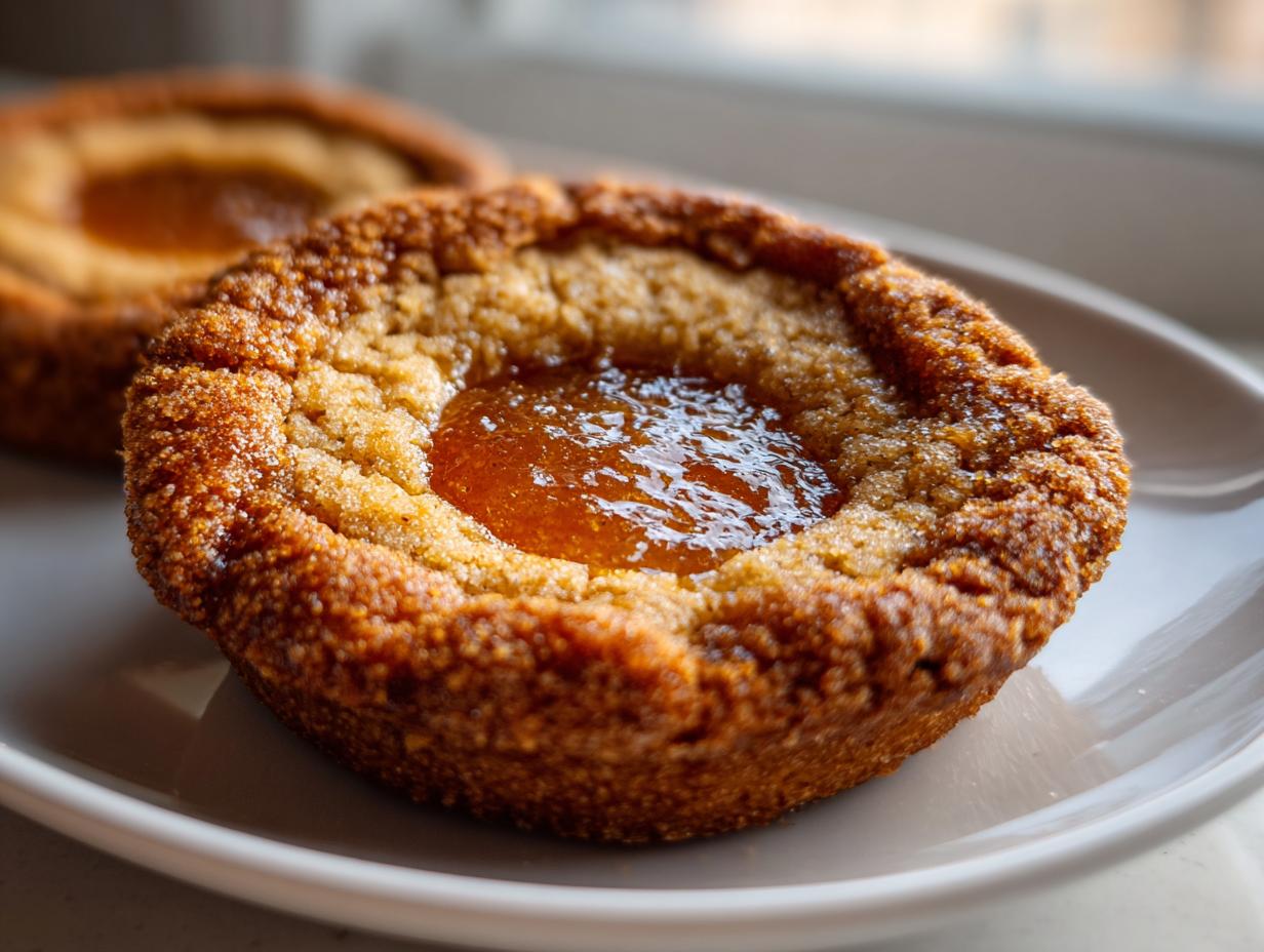 Close-up of a baked apple pie cookie with a glistening, amber fruit filling in the center, sitting on a white plate.