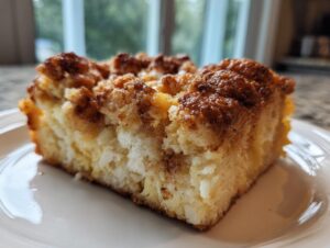 Close-up of a square slice of amazing baked french toast showing the fluffy interior and caramelized cinnamon topping.