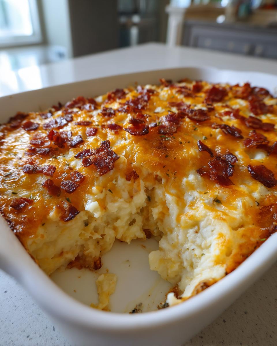 Close-up of a creamy baked potato casserole topped with melted cheddar cheese and crispy bacon bits.