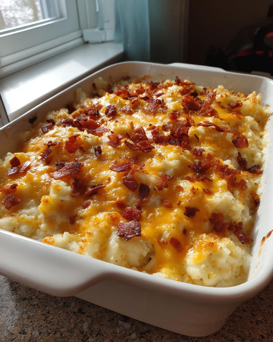 A close-up of a creamy baked potato casserole topped with melted cheddar cheese and crispy bacon bits.