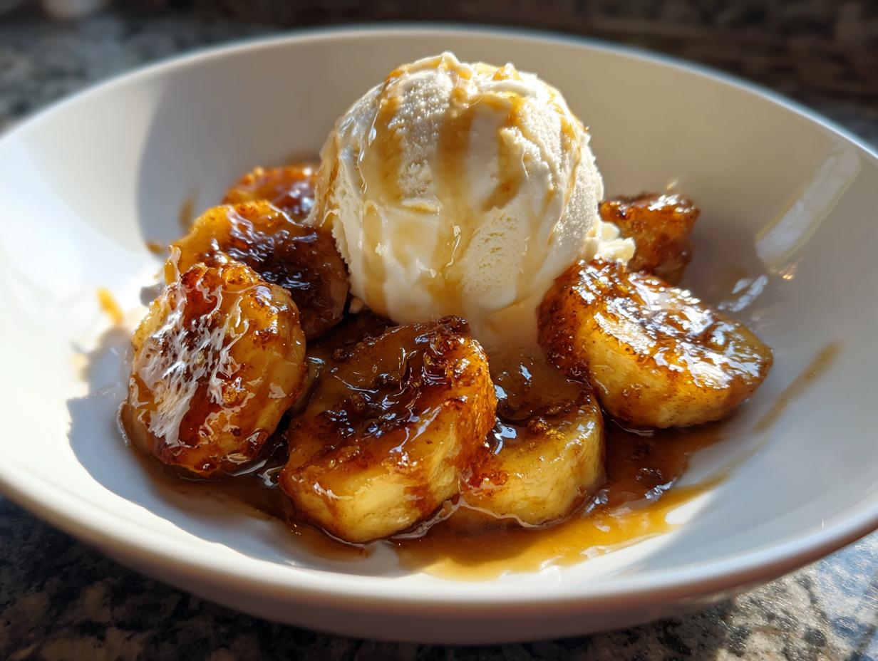 Close-up of caramelized bananas foster topped with a scoop of vanilla ice cream and drizzled with sauce.