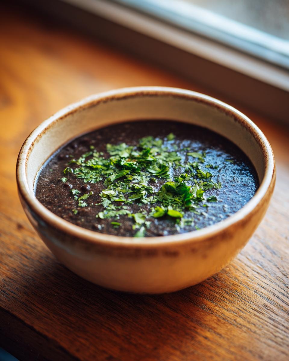 A close-up of a rustic bowl filled with thick, dark black bean soup, topped with fresh chopped cilantro.
