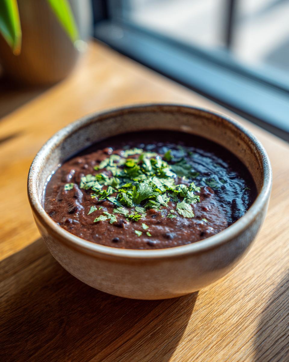 A rustic bowl filled with thick, dark black bean soup, topped with fresh chopped cilantro, sitting on a wooden table.