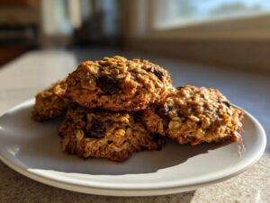 A stack of four golden brown, oatmeal-based breakfast cookie treats with visible dried fruit chunks, resting on a white plate.