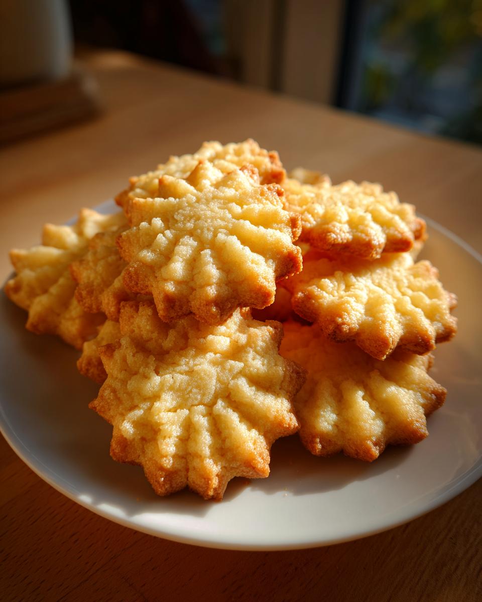 A stack of freshly baked, golden star-shaped butter cookies resting on a white plate.
