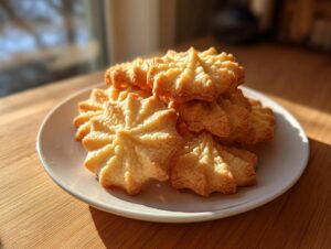 A stack of freshly baked, star-shaped butter cookies resting on a white plate in warm sunlight.