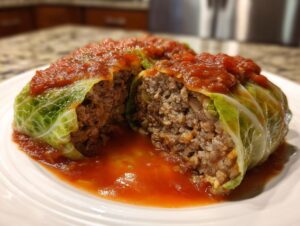 Close-up of two cabbage rolls cut in half, showing the savory meat and rice filling, topped with tomato sauce.