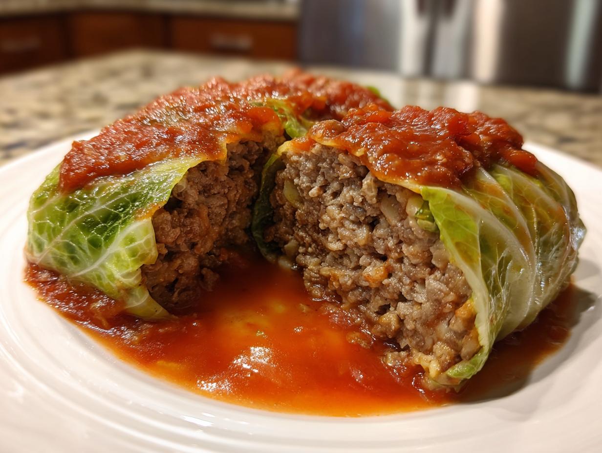 Close-up of two cabbage rolls cut in half, showing the savory meat and rice filling, topped with tomato sauce.
