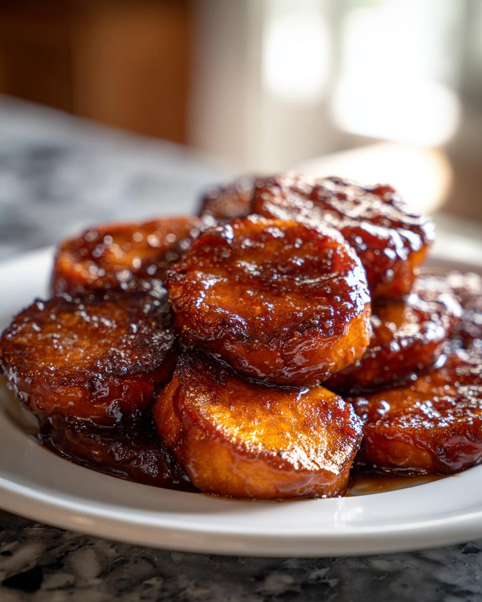 A stack of thick, round candied yams covered in a rich, dark brown sugary glaze, served on a white plate.